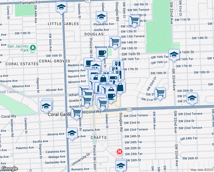 map of restaurants, bars, coffee shops, grocery stores, and more near 50 Minorca Avenue in Coral Gables