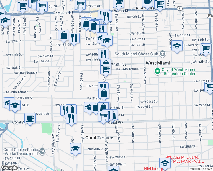map of restaurants, bars, coffee shops, grocery stores, and more near 1800 Ludlam Road in Miami