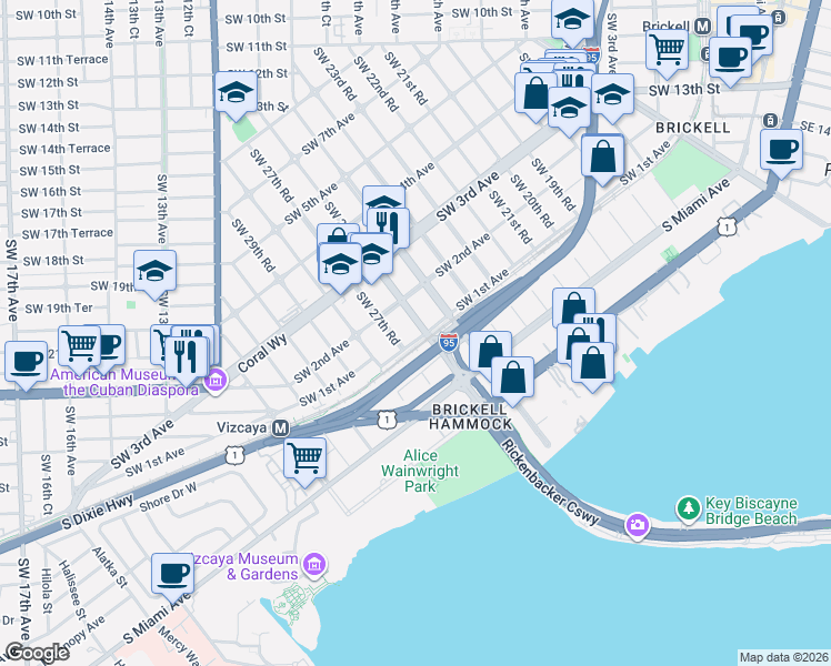 map of restaurants, bars, coffee shops, grocery stores, and more near 137 Southwest 26th Road in Miami