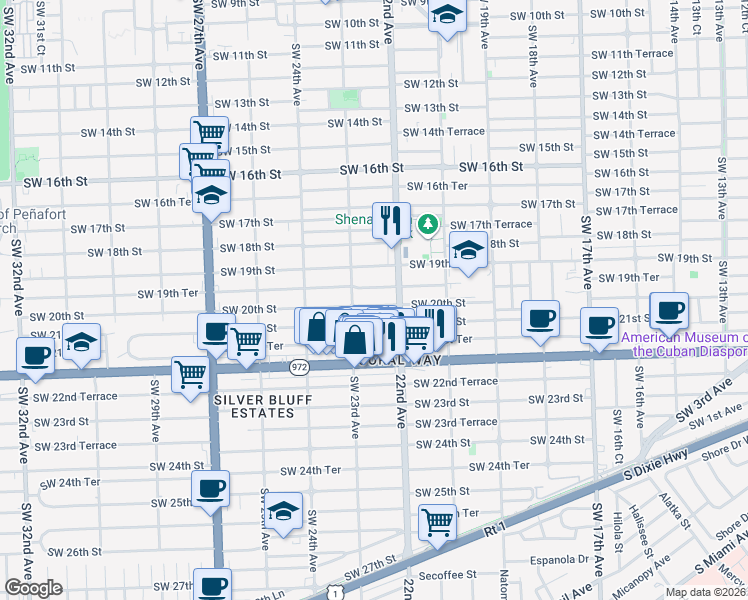 map of restaurants, bars, coffee shops, grocery stores, and more near 2291 Southwest 19th Terrace in Miami