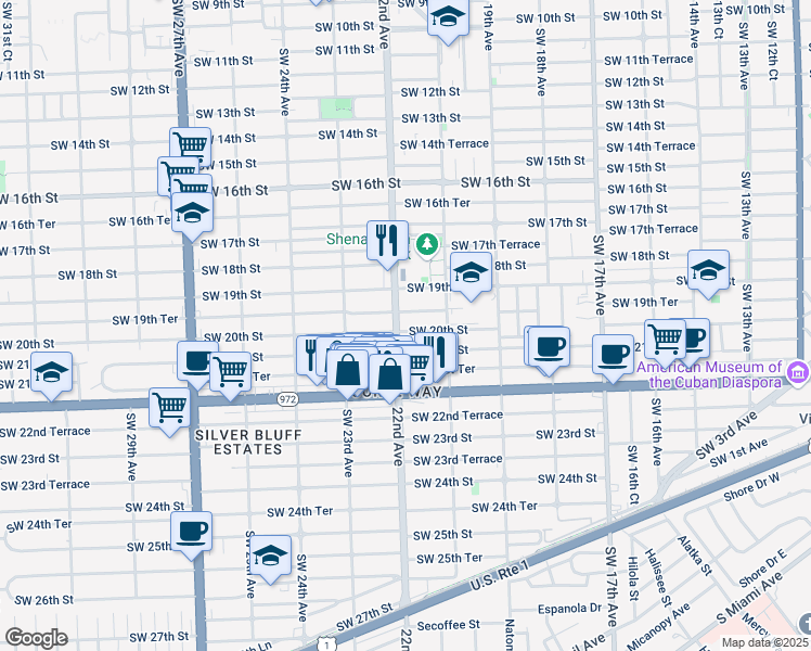 map of restaurants, bars, coffee shops, grocery stores, and more near 2200 Southwest 19th Terrace in Miami