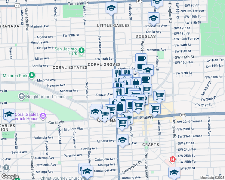 map of restaurants, bars, coffee shops, grocery stores, and more near 415 Minorca Avenue in Coral Gables
