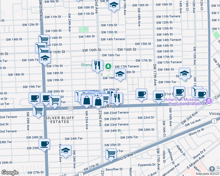 map of restaurants, bars, coffee shops, grocery stores, and more near 2149 Southwest 19th Terrace in Miami