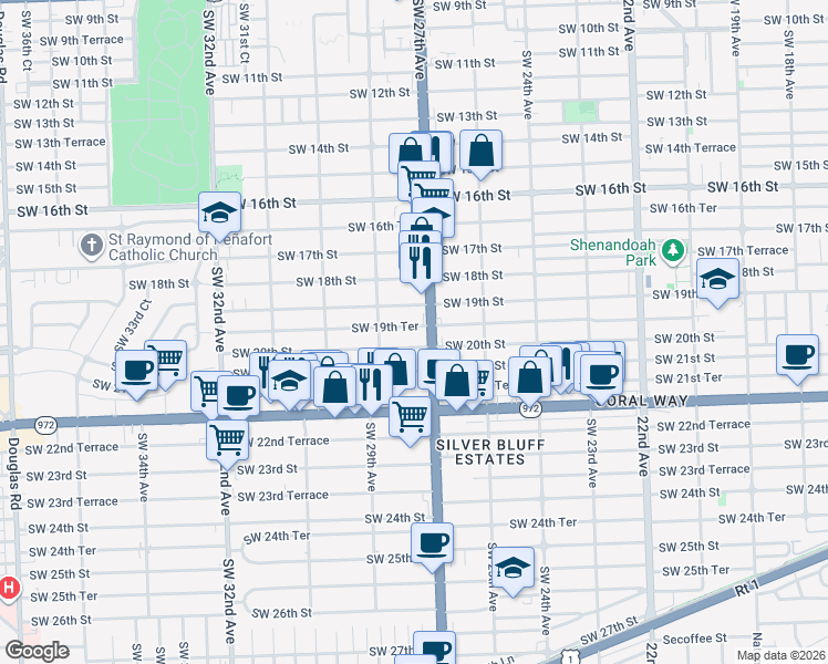 map of restaurants, bars, coffee shops, grocery stores, and more near 2753 Southwest 19th Terrace in Miami