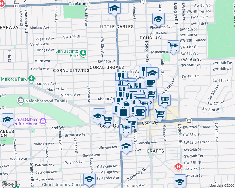 map of restaurants, bars, coffee shops, grocery stores, and more near 415 Minorca Avenue in Coral Gables