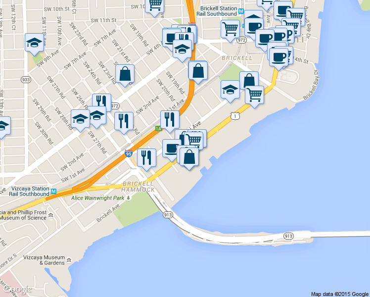 map of restaurants, bars, coffee shops, grocery stores, and more near 2135 South Miami Avenue in Miami