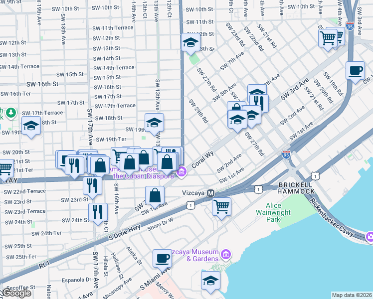 map of restaurants, bars, coffee shops, grocery stores, and more near 1951 Southwest 12th Avenue in Miami