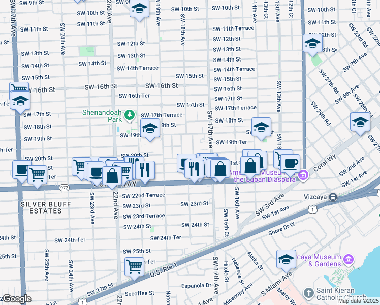 map of restaurants, bars, coffee shops, grocery stores, and more near 1951 Southwest 18th Avenue in Miami