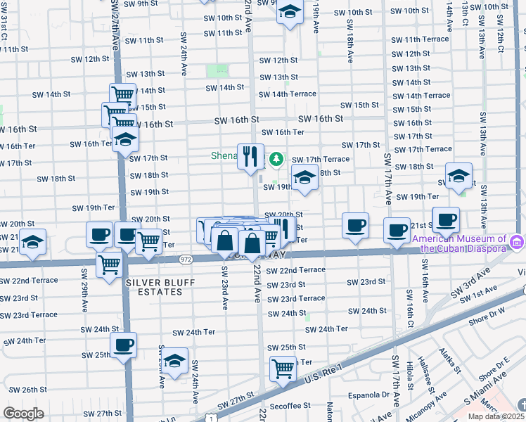 map of restaurants, bars, coffee shops, grocery stores, and more near 2200 Southwest 19th Terrace in Miami