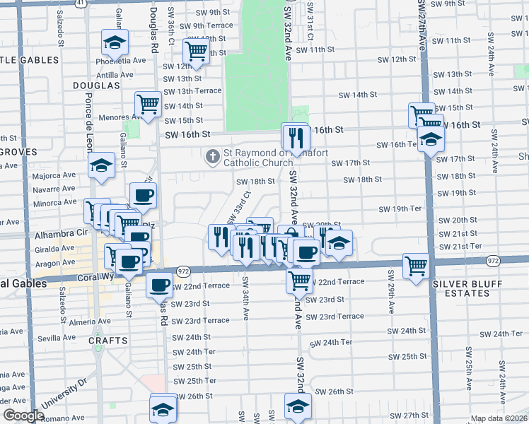map of restaurants, bars, coffee shops, grocery stores, and more near 1921 Southwest 33rd Avenue in Miami