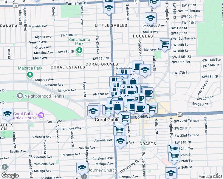 map of restaurants, bars, coffee shops, grocery stores, and more near 415 Minorca Avenue in Coral Gables