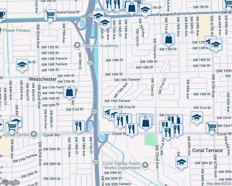 map of restaurants, bars, coffee shops, grocery stores, and more near 1870 Southwest 74th Avenue in Miami