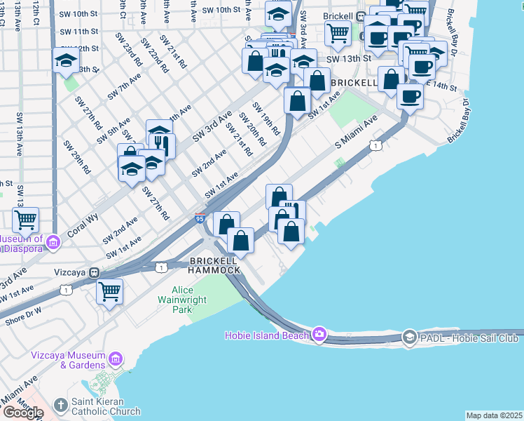 map of restaurants, bars, coffee shops, grocery stores, and more near 2238 South Miami Avenue in Miami