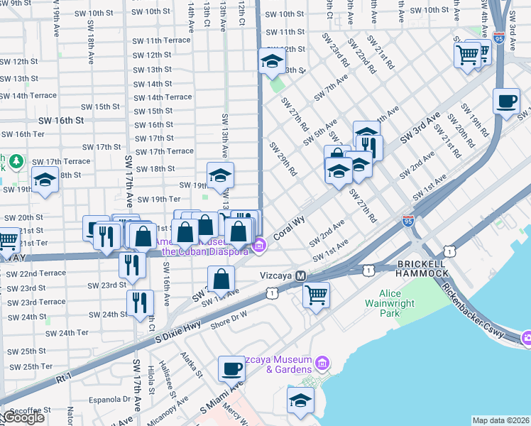 map of restaurants, bars, coffee shops, grocery stores, and more near 1951 Southwest 12th Avenue in Miami