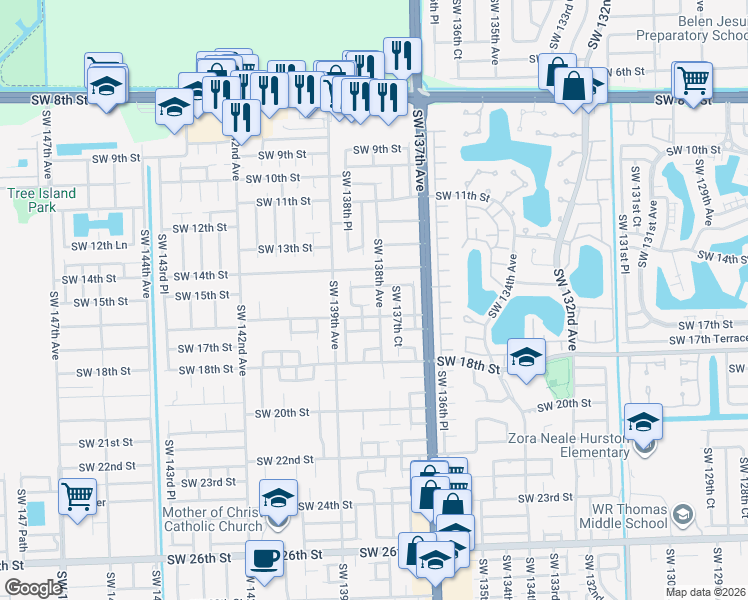 map of restaurants, bars, coffee shops, grocery stores, and more near 13832 Southwest 15th Street in Miami