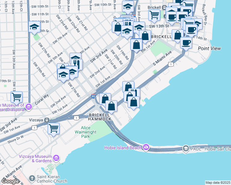 map of restaurants, bars, coffee shops, grocery stores, and more near Miami Avenue in Miami