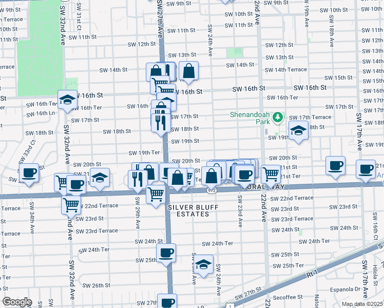 map of restaurants, bars, coffee shops, grocery stores, and more near 2528 Southwest 19th Terrace in Miami