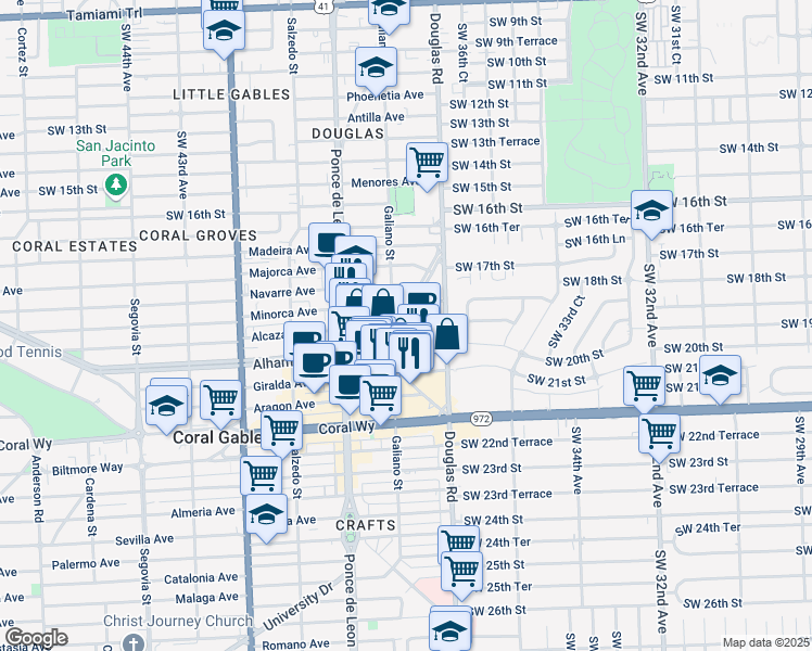 map of restaurants, bars, coffee shops, grocery stores, and more near 50 Minorca Avenue in Coral Gables