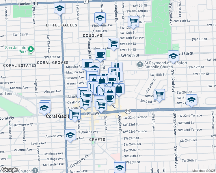 map of restaurants, bars, coffee shops, grocery stores, and more near 50 Minorca Avenue in Coral Gables