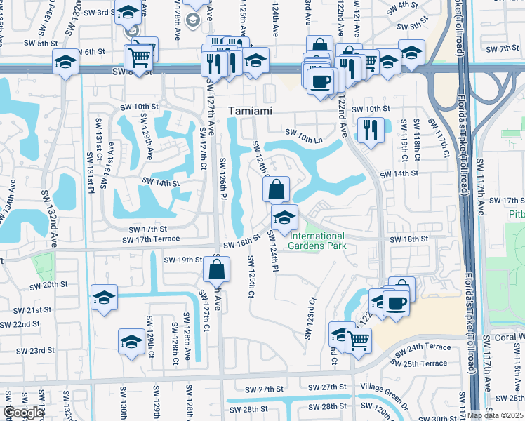 map of restaurants, bars, coffee shops, grocery stores, and more near 12463 Southwest 17th Lane in Miami