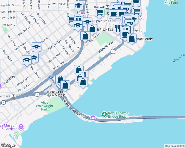 map of restaurants, bars, coffee shops, grocery stores, and more near 1915 Brickell Avenue in Miami