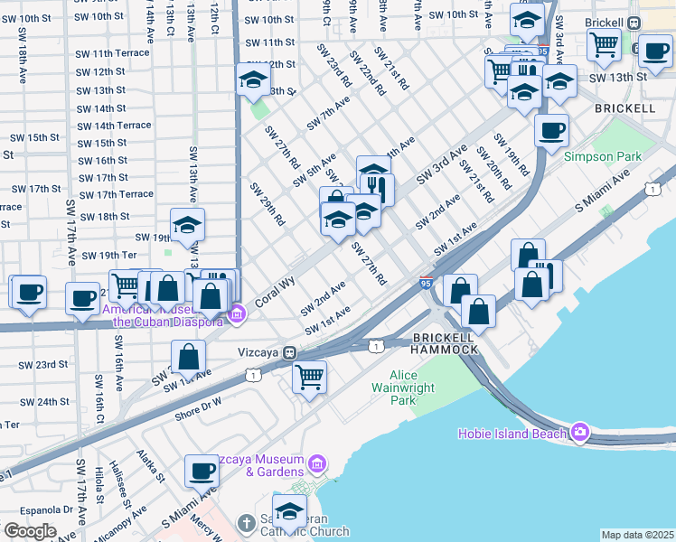 map of restaurants, bars, coffee shops, grocery stores, and more near 236 Southwest 28th Road in Miami