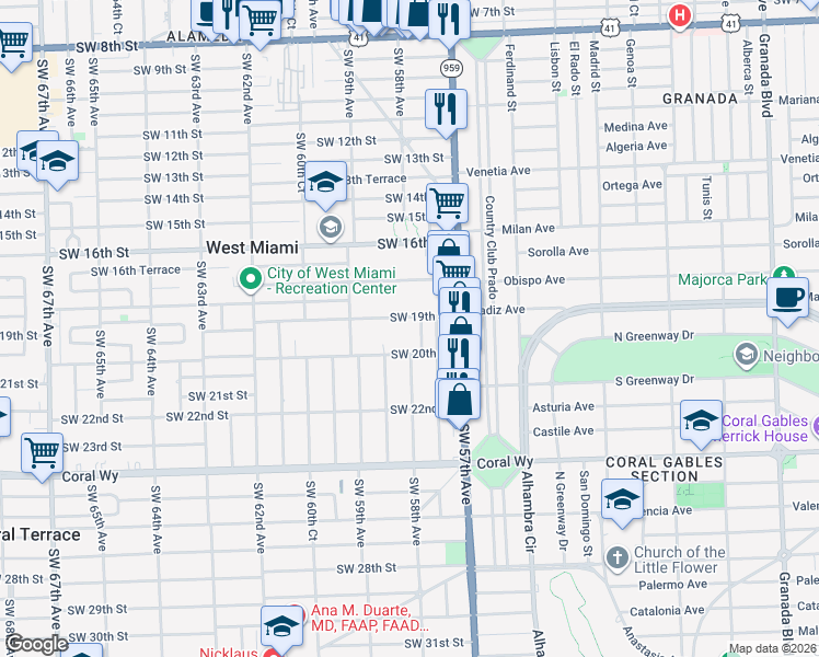 map of restaurants, bars, coffee shops, grocery stores, and more near 5750 Southwest 19th Street in Miami