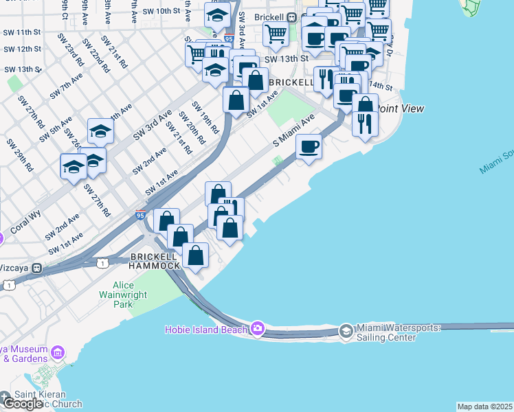 map of restaurants, bars, coffee shops, grocery stores, and more near 1915 Brickell Avenue in Miami