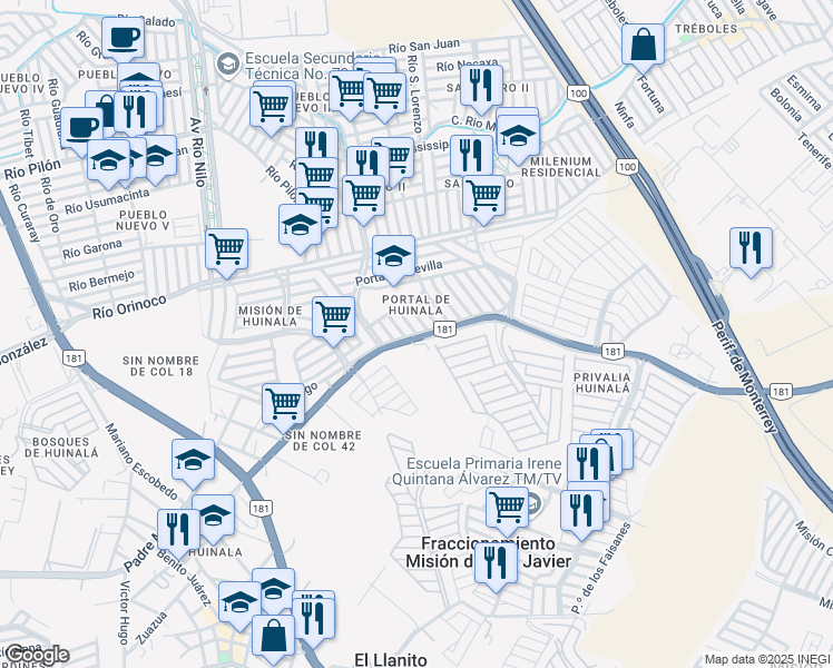 map of restaurants, bars, coffee shops, grocery stores, and more near Carretera a Dulces Nombres in Ciudad Apodaca