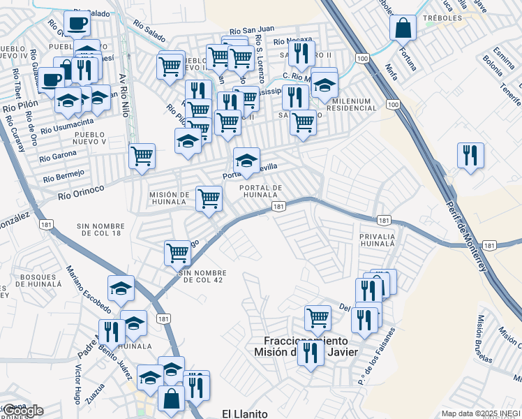 map of restaurants, bars, coffee shops, grocery stores, and more near Carretera a Dulces Nombres in Ciudad Apodaca