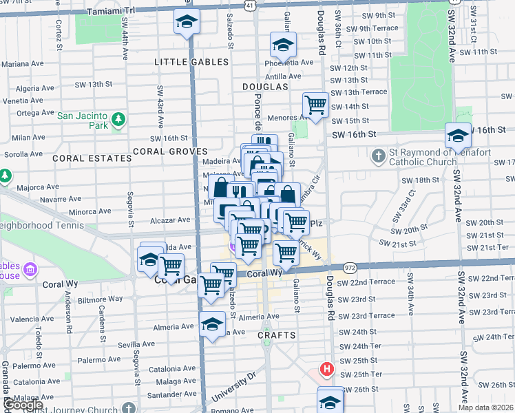 map of restaurants, bars, coffee shops, grocery stores, and more near 200 Minorca Avenue in Coral Gables