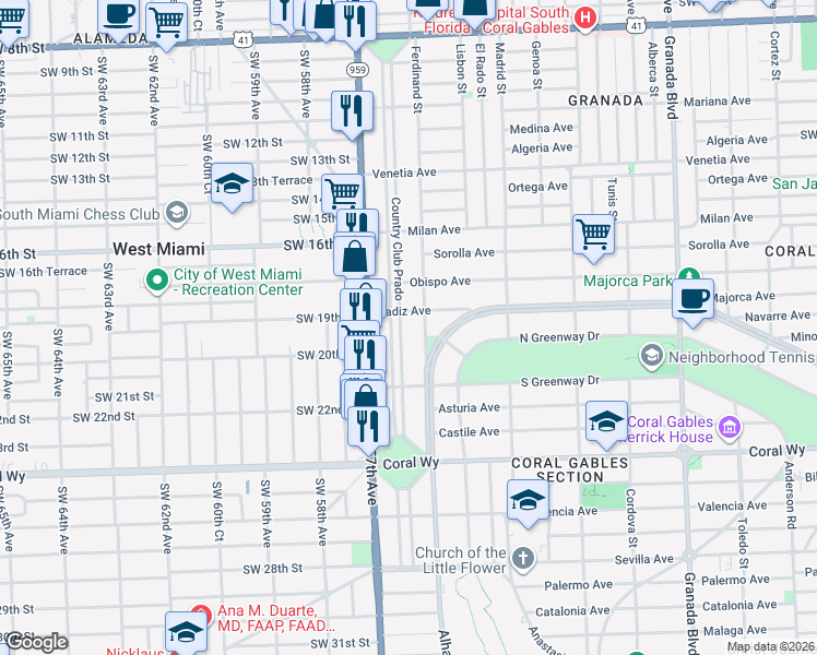 map of restaurants, bars, coffee shops, grocery stores, and more near 1901 Country Club Prado in Coral Gables