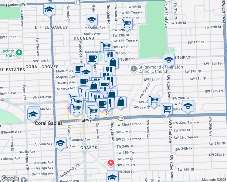 map of restaurants, bars, coffee shops, grocery stores, and more near 1891 Southwest 37th Avenue in Miami