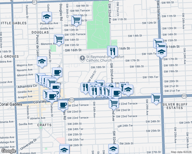 map of restaurants, bars, coffee shops, grocery stores, and more near 1921 Southwest 33rd Avenue in Miami
