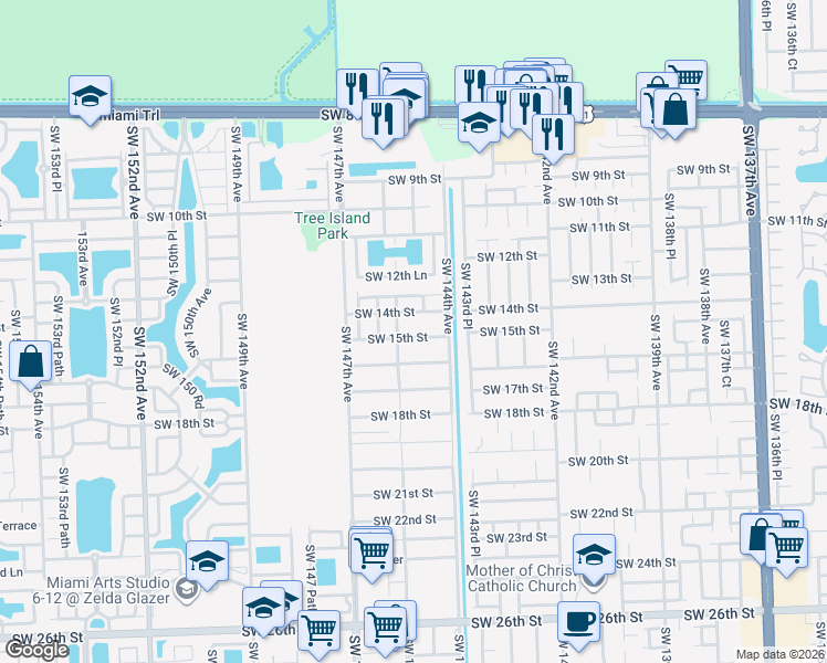 map of restaurants, bars, coffee shops, grocery stores, and more near 14463 Southwest 15th Street in Miami
