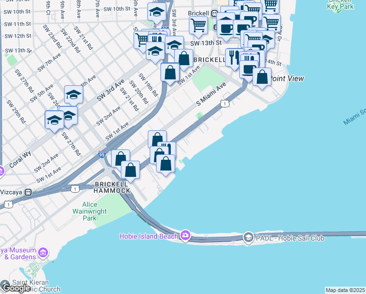 map of restaurants, bars, coffee shops, grocery stores, and more near 1915 Brickell Avenue in Miami