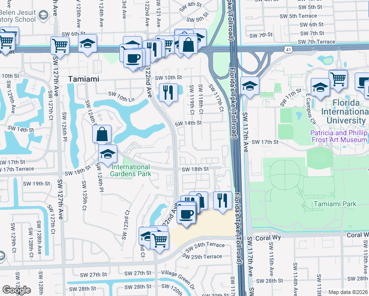 map of restaurants, bars, coffee shops, grocery stores, and more near 1595 Southwest 122nd Avenue in Miami