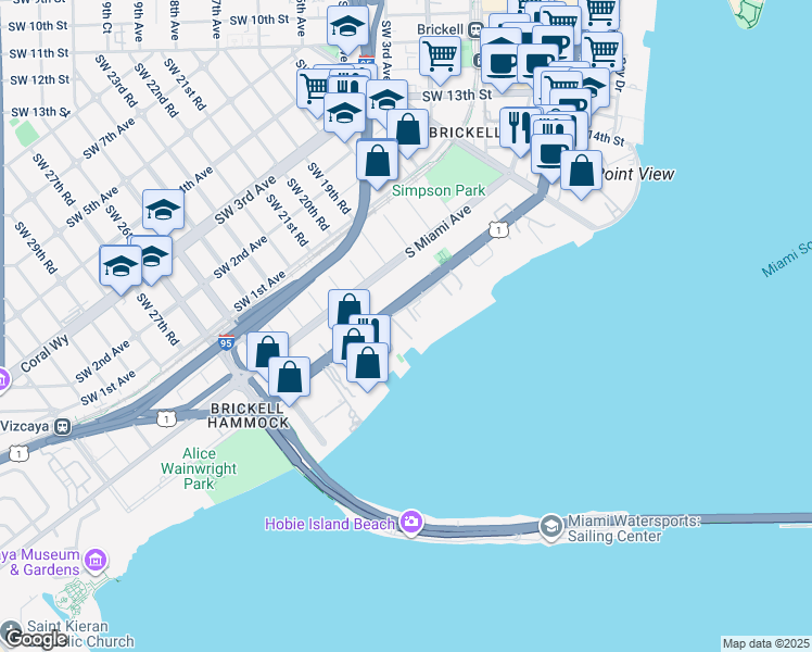 map of restaurants, bars, coffee shops, grocery stores, and more near 1915 Brickell Avenue in Miami