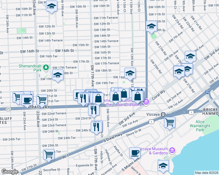 map of restaurants, bars, coffee shops, grocery stores, and more near 1959 Southwest 16th Avenue in Miami