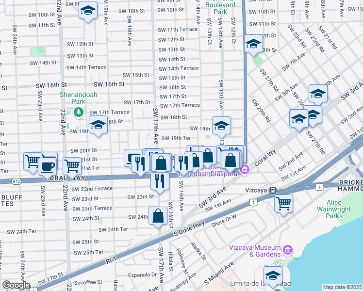 map of restaurants, bars, coffee shops, grocery stores, and more near 1959 Southwest 16th Avenue in Miami
