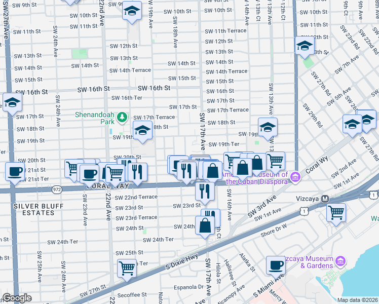 map of restaurants, bars, coffee shops, grocery stores, and more near 1910 Southwest 17th Avenue in Miami