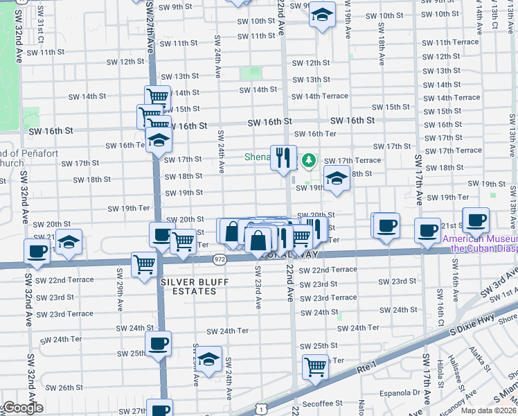 map of restaurants, bars, coffee shops, grocery stores, and more near 2280-2290 Southwest 19th Terrace in Miami