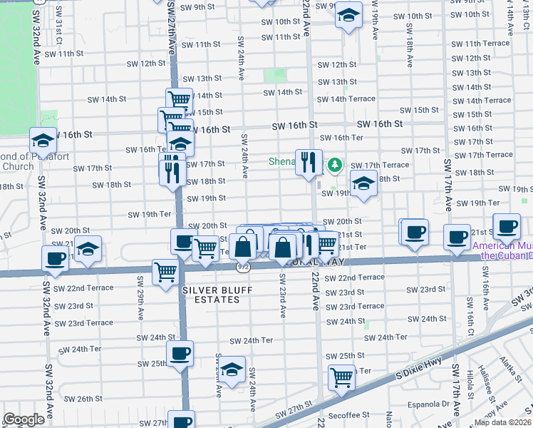 map of restaurants, bars, coffee shops, grocery stores, and more near 2355 Southwest 19th Terrace in Miami