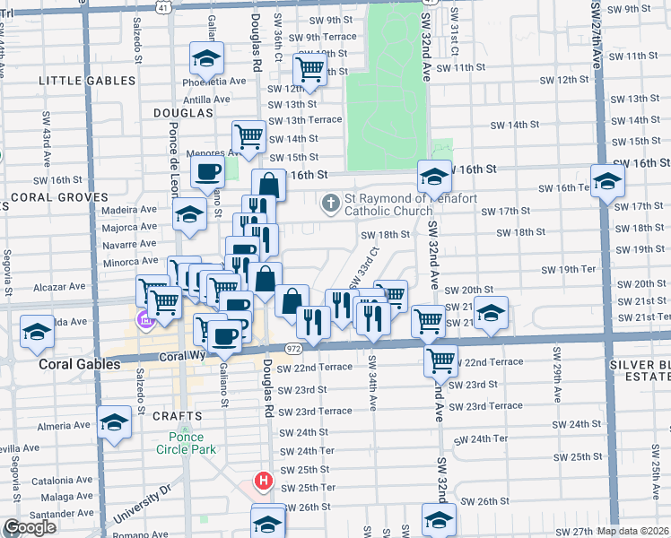 map of restaurants, bars, coffee shops, grocery stores, and more near 1871 Southwest 36th Avenue in Miami