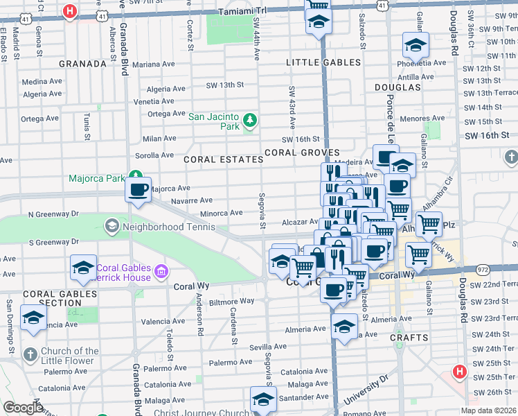 map of restaurants, bars, coffee shops, grocery stores, and more near 541 Minorca Avenue in Coral Gables