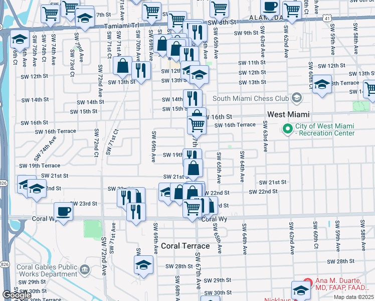 map of restaurants, bars, coffee shops, grocery stores, and more near 1800 Ludlam Road in Miami