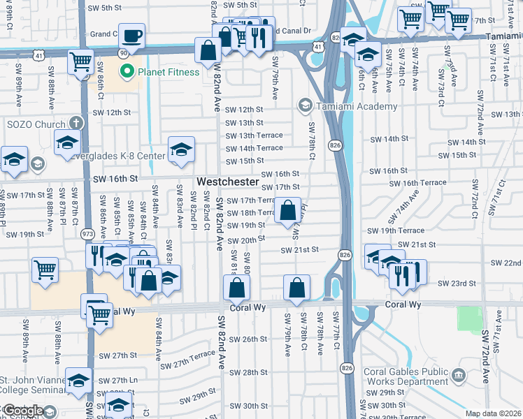 map of restaurants, bars, coffee shops, grocery stores, and more near 7910 Southwest 17th Terrace in Miami