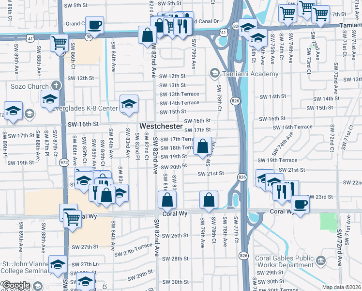 map of restaurants, bars, coffee shops, grocery stores, and more near 7910 Southwest 17th Terrace in Miami