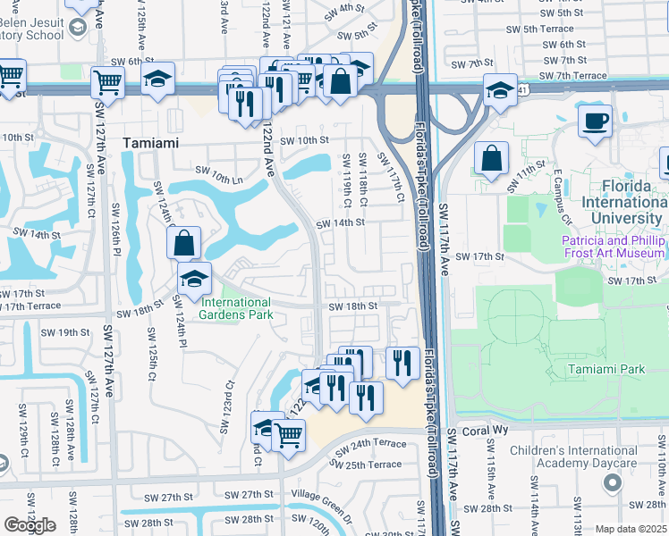 map of restaurants, bars, coffee shops, grocery stores, and more near 1 Southwest 122 Court in Miami