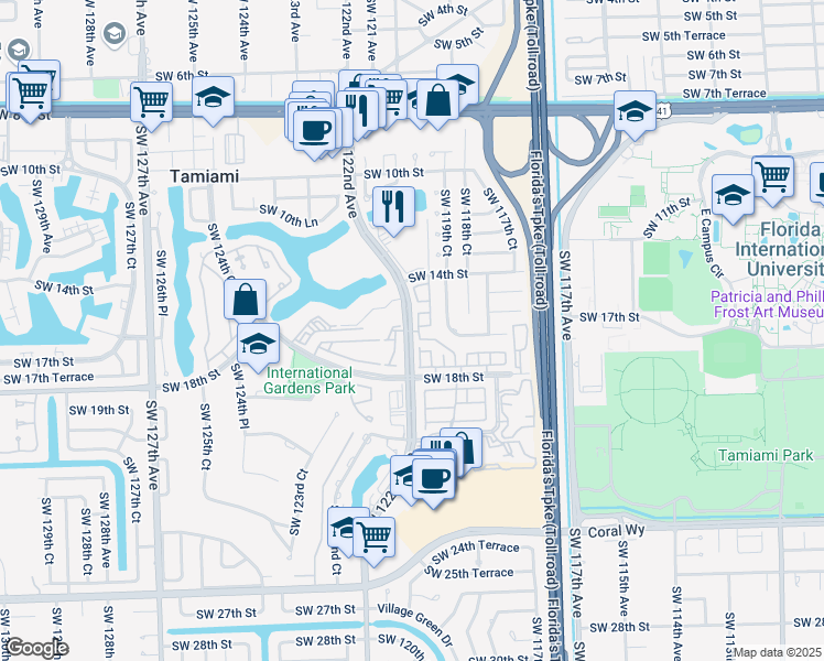 map of restaurants, bars, coffee shops, grocery stores, and more near 12217 Southwest 16th Terrace in Miami